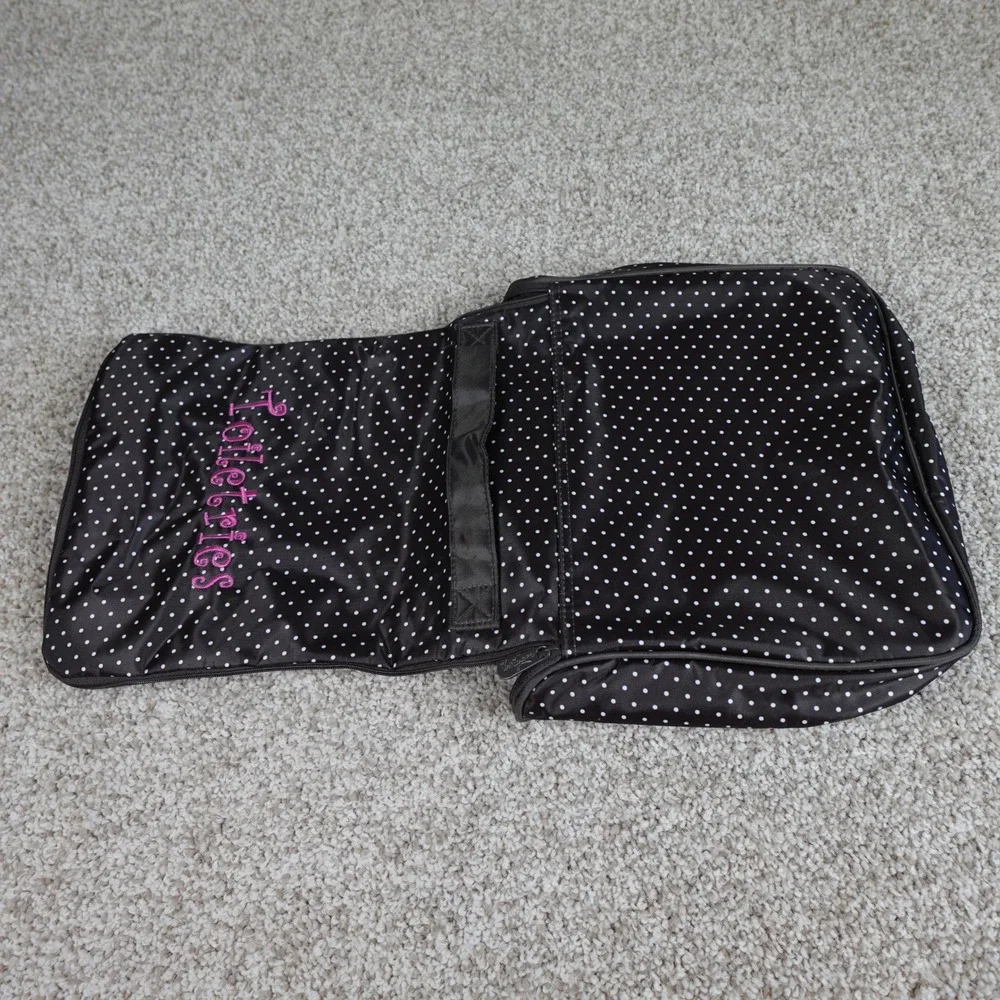 Thirty-One Hanging Toiletry Bag Black Polka Dot Pink Embroidery Travel Organizer